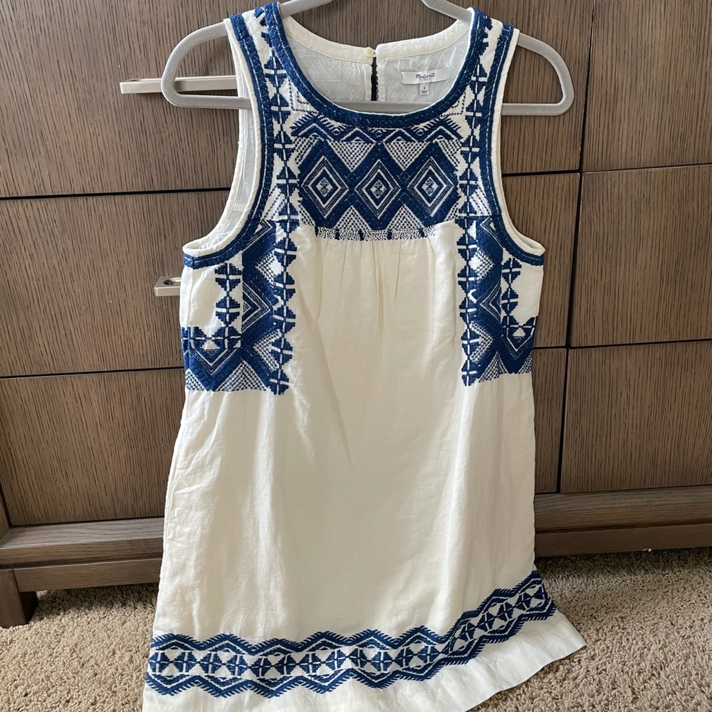 Madewell Embroidered White & Blue Sleeveless Dress